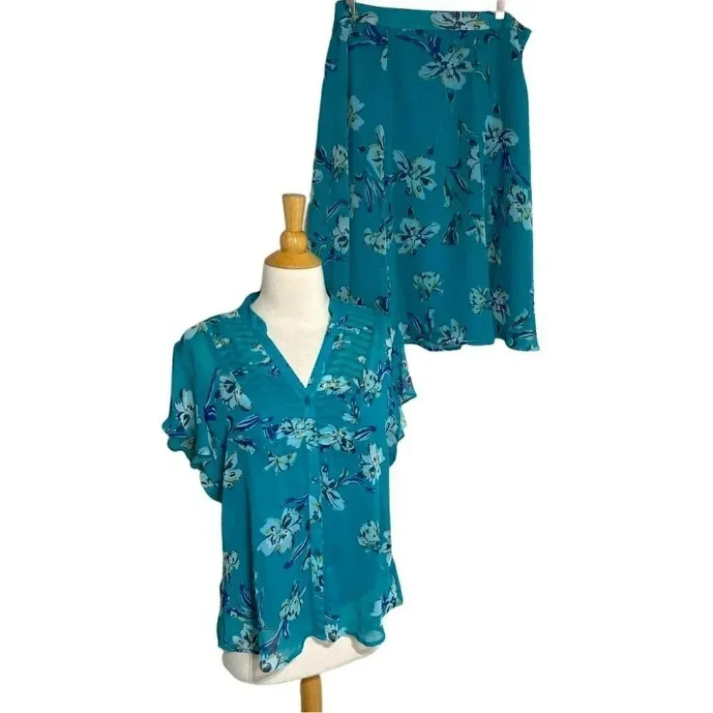 Y2K Jaclyn Smith Skirt Set Large Teal Blue Floral Pintuck Top & Midi Skirt 2pc